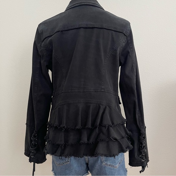 Free People Black Distressed Fitted Jacket with Ruffle Back & Lace-up Cuffs - Picture 10 of 15